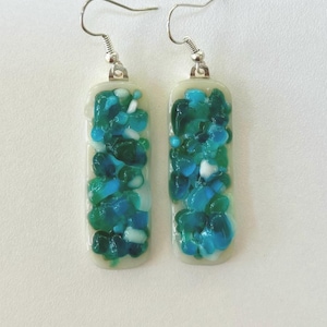 Kiln Fused Blue Green Earrings Textured Frit Stained Glass Coastal Beach Jewelry Artisan Made