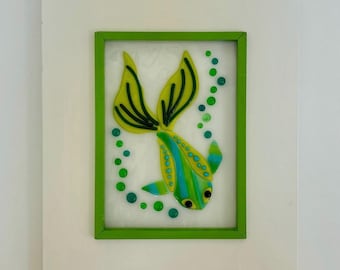 Kiln Fused Art Glass Fish Framed Wall Picture  Coastal Beach Home Decor (11” x 9”)