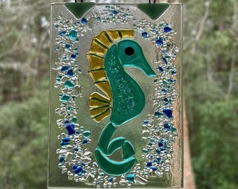 Fused Glass Seahorse Suncatcher, Coastal Beach Home Decor