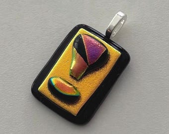 Gold Copper Pink Dichroic Glass Kiln Fused Pendant on Black Sparkling Necklace Jewelry Handmade USA Art