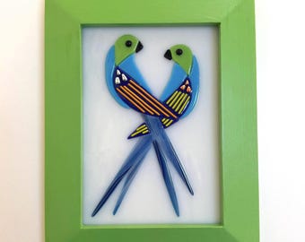 Love Birds Kiln Fused Glass Framed Picture: Modern Style Wall Art Made in USA