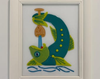 Kiln Fused Glass Fish Bar Cocktail Lounge Modernist Nautical Wall Art Picture Matching Frame~ 13 x 11