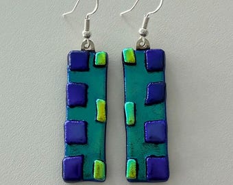 Kiln Fused Dichroic Glass Earrings Green Purple Geometric Modern Whimsical Art Jewelry