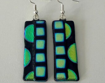 Dichroic Kiln Fused Glass Earrings: Green Black Handmade Geometric Artisan Boho Art Deco Jewelry