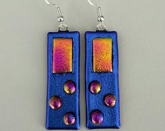 Dichroic Glass Earrings: Blue, Gold, Pink Dangle Jewelry Sterling Silver Wires