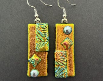 Gold Silver Dichroic Glass Kiln Fused Earrings: Handcrafted Sparkly Artisan Unique Jewelry