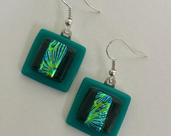 Blue Green Kiln Fused Dichroic Glass Earrings Handmade Stained Glass Jewelry