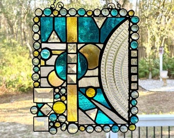 Stained Glass Window Modern Art Copper Foiled Soldered Geometric Handmade Hanging