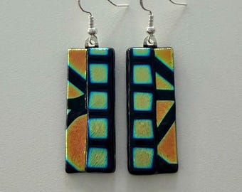 Gold Green Black Dichroic Glass Earrings: Handmade Geometric Artisan Kiln Fused Jewelry