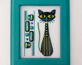 Atomic Cat Fused Glass Framed Picture: Mid Century MCM Tuxedo Kitty Style Wall Art 8.75” x 10.5”