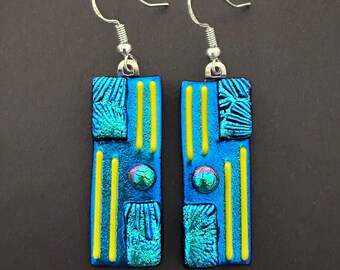 Blue Yellow Dichroic Glass Earrings: Kiln Fused Modern Art Handcrafted Sparkly Jewelry