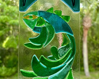 Kiln Fused Glass Fish Suncatcher Blue Green Art Deco Modernist Window Hanging