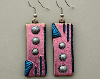 Pink Blue Silver Dichroic Glass Fused Earrings: Sparkling Kiln Jewelry Handmade Modern Artisan Art