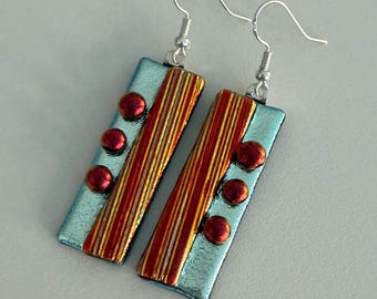 Gold Silver Red Dichroic Glass Kiln Fused Earrings: Handcrafted Sparkly Artisan Unique Abstract Jewelry