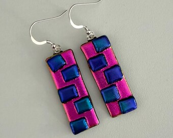 Dichroic Glass Kiln Fused Earrings: Blue Pink Handmade Modern Geometric Art to Wear Jewelry