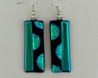Emerald Green Dichroic Glass Earrings: Handmade Artisan Kiln Fused Jewelry