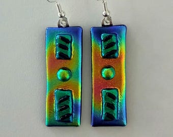 Multi Color Dichroic Glass Fused Earrings: Blue Green Rose Gold Handcrafted Whimsical Fun Jewelry