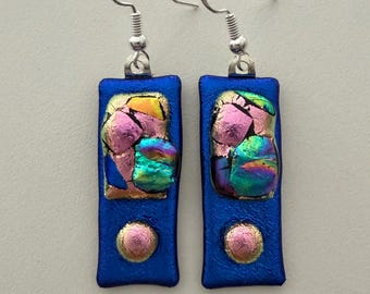 Dichroic Mosaic Fused Glass Earrings Blue Pink Purple Green Sparkly Kiln Jewelry Handmade Art