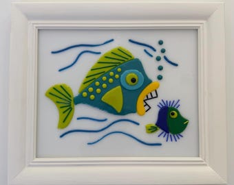Kiln Fused Glass Nautical Fish Wall Art funny Modern Picture Matching Frame ~ 13 x 11