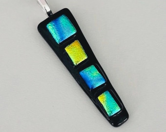 Dichroic Glass Pendant Necklace: Blue, Green, Gold on Black Modernist Handmade USA