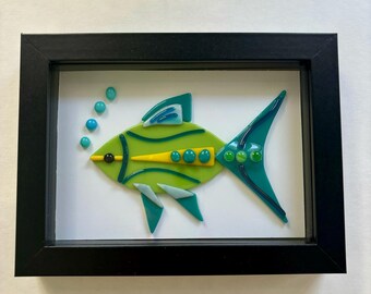 Kiln Fused Stained Glass Tropical Fish Shadowbox: Modern Retro Coastal Wall Art (6” x 8”)