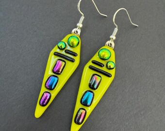Kiln Fused Dichroic Glass Earrings: Green, Blue, Purple Geometric Dangles – Mid Century Style