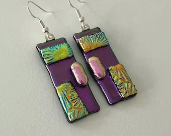 Dichroic Glass Kiln Fused Earrings: Gold Purple Pink Jewelry Handmade Modern Bling Art