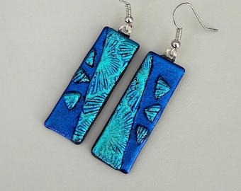Blue Aqua Dichroic Glass Kiln Fused Earrings Sparkling Jewelry Handmade Modern Geometric Bling Art