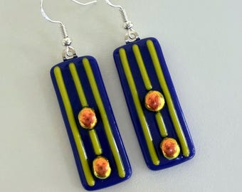 Dichroic Kiln Fused Stained Glass Earrings Blue Yellow Gold Dangle Modern Boho Art Jewelry
