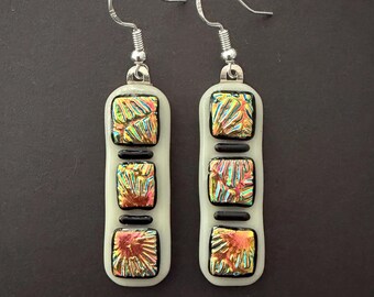 Gold Dichroic Glass Kiln Fused Earrings: Handcrafted Sparkly Artisan Unique Jewelry
