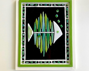 Kiln Fused Stained Glass Fish Wall Art: Nautical Coastal Decor in Handmade Frame