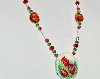 Fresh Tulips- Bead Embroidered Pendant Necklace with Crystals Albanian Traditional Style