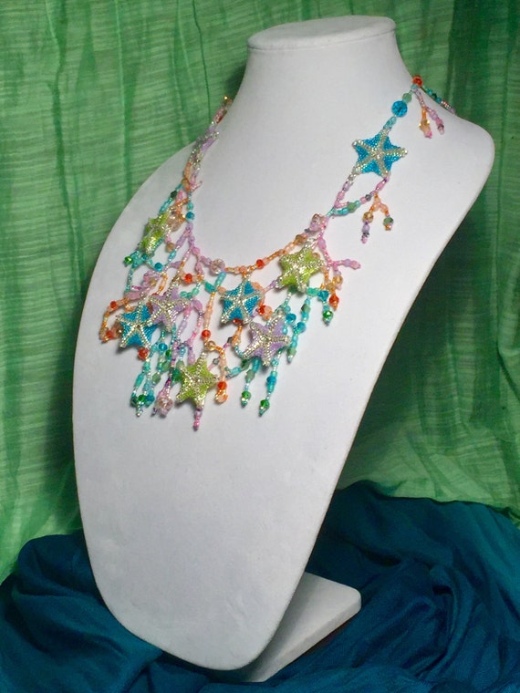 Dancing Starfish Whimsical Mermaid Necklace hand beaded with rainbow colors