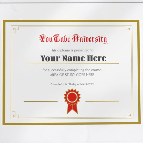 Custom YouTube University Certificate Print Shipped, Funny Fake Custom Diploma, Funny YouTube Gift, Graduation gag gift, YouTube Channel