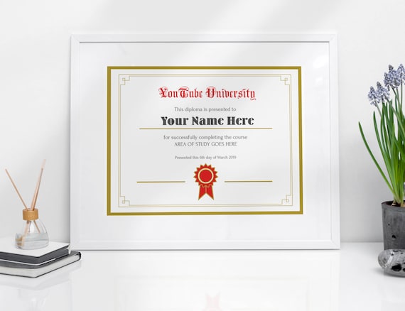 Digital Download Custom Youtube University Diploma Funny Fake Etsy