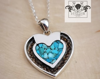Small Heart w/ Crushed Turquoise Inlay Sterling Silver Braided Pendant Necklace - CUSTOM ORDER