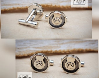 Cuff Links - Solid Sterling Silver with Braided or Resin Dog Hair Inlay - Circle w/ Paws - Custom Order