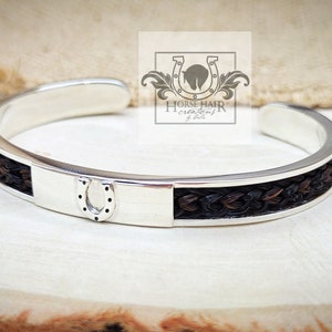 Horse Hair Cuff Bracelet - Solid Sterling Silver Bar with Horseshoe Centerpiece - Custom Order