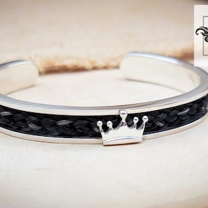 Horse Hair Cuff Bracelet - Solid Sterling Silver w/ Crown Centerpiece - Custom Order
