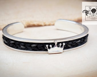 Pulsera de manguito de pelo de caballo - plata de ley sólida con pieza central de corona - pedido personalizado