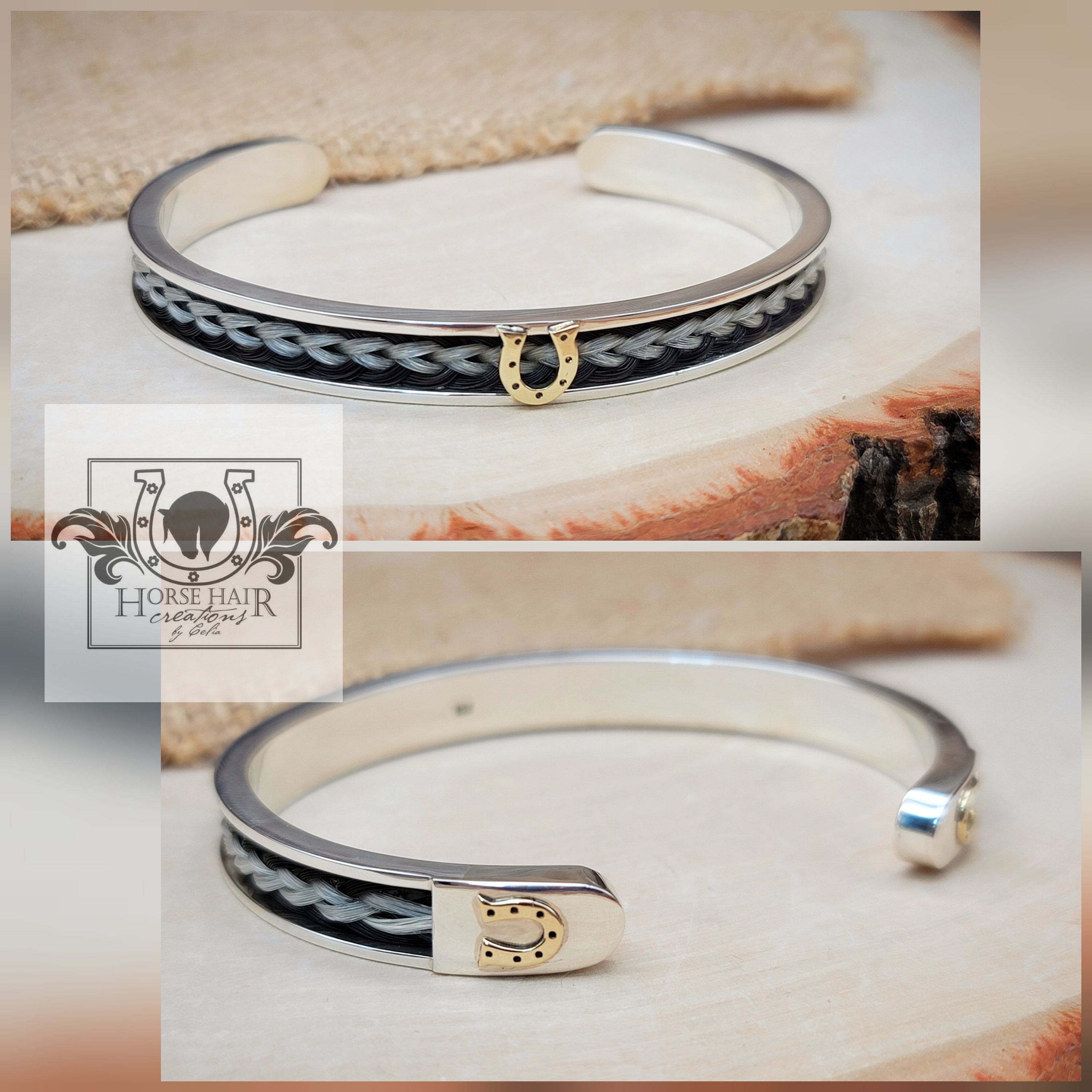 Horse Hair Cuff Bracelet Solid Sterling Silver With 14K Gold Horseshoe Centerpiece and End Accents Custom Order Etsy Australia
