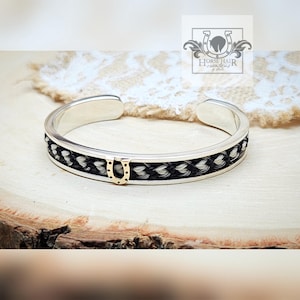 Horse Hair Cuff Bracelet - Solid Sterling Silver With 14K Gold Horseshoe Centerpiece and End Accents - Custom Order