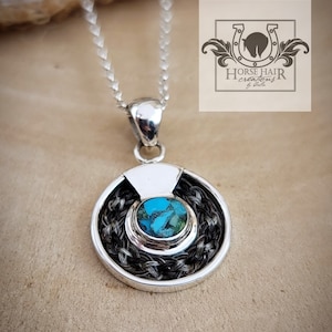 Small Circle w/ Crushed Turquoise Inlay Sterling Silver Circle Braided Horse Hair Pendant Necklace - CUSTOM ORDER