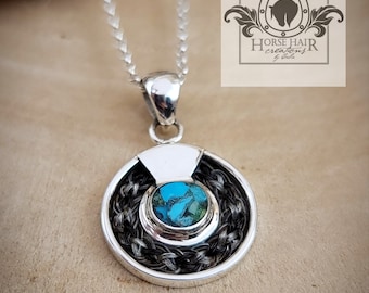 Small Circle w/ Crushed Turquoise Inlay Sterling Silver Circle Braided Horse Hair Pendant Necklace - CUSTOM ORDER