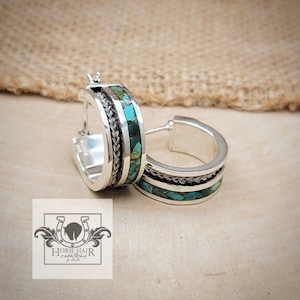 Sterling Silver Channel Earrings: Braided Horse Hair & Turquoise Inlay