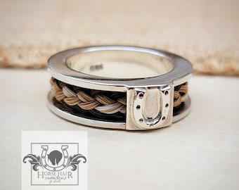 8mm Width Ring - Horseshoe Centerpiece -Solid Sterling Silver Horse Hair Ring