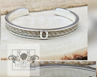 Horse Hair Cuff Bracelet - Solid Sterling Silver With Horseshoe Centerpiece and End Accents- Custom Order