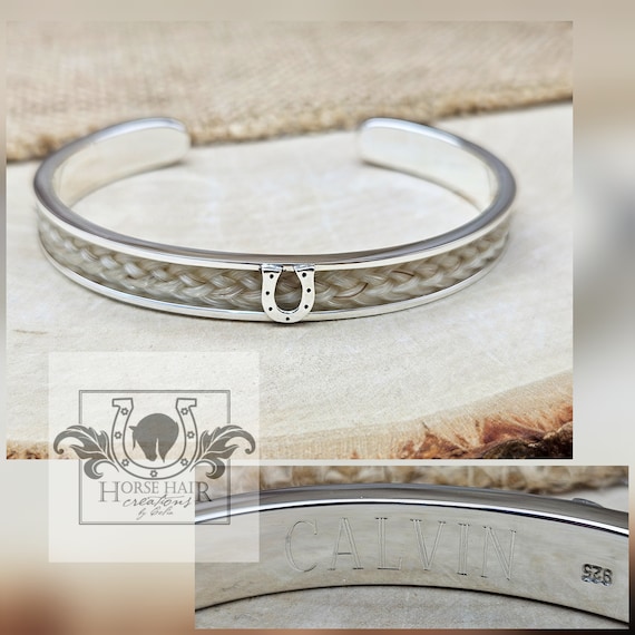 Horse Hair Cuff Bracelet Solid Sterling Silver With Horseshoe Centerpiece and End Accents Custom Order