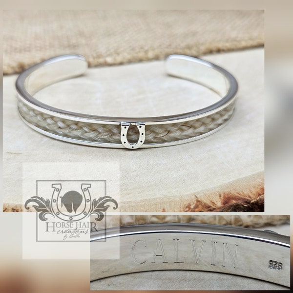 Horse Hair Cuff Bracelet - Solid Sterling Silver With Horseshoe Centerpiece and End Accents- Custom Order