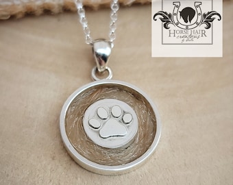 Small Circle Style Sterling Silver Braided or Resin Dog Hair Pendant Necklace w/ Paw Center - CUSTOM ORDER